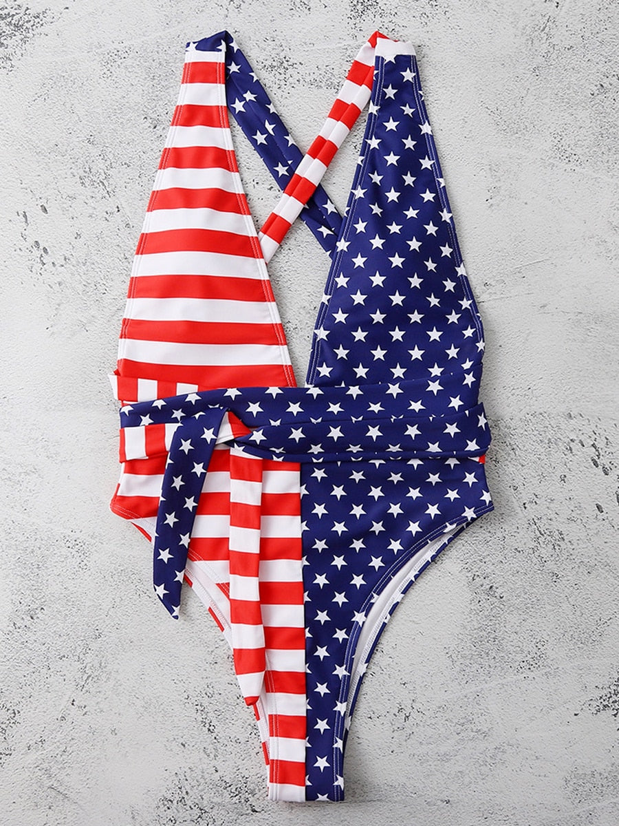 2024 Sexy V Neck One Piece Swimsuit Backless Swimwear Women US Flag Printed Bathing Suit Female Cross Back Beachwear Bodysuit XXL