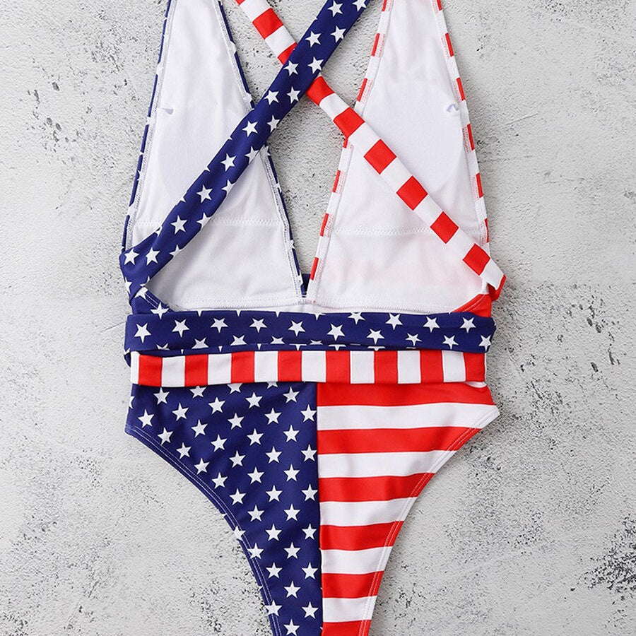 2024 Sexy V Neck One Piece Swimsuit Backless Swimwear Women US Flag Printed Bathing Suit Female Cross Back Beachwear Bodysuit