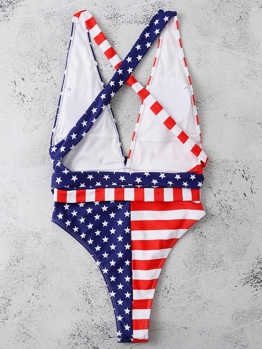 2024 Sexy V Neck One Piece Swimsuit Backless Swimwear Women US Flag Printed Bathing Suit Female Cross Back Beachwear Bodysuit