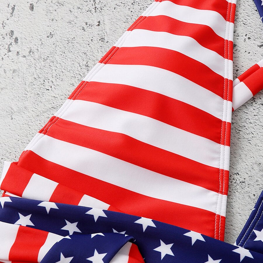 2024 Sexy V Neck One Piece Swimsuit Backless Swimwear Women US Flag Printed Bathing Suit Female Cross Back Beachwear Bodysuit