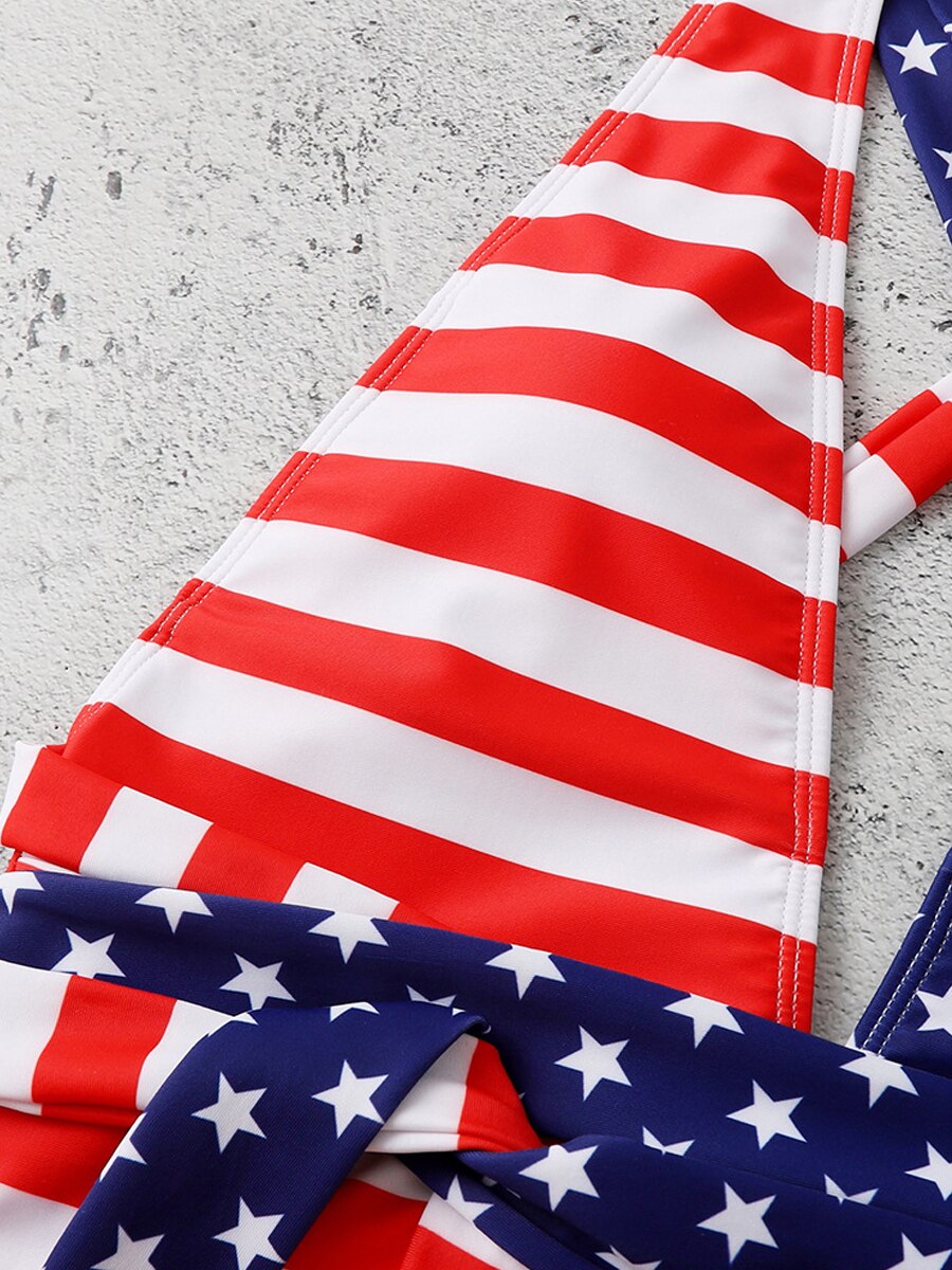 2024 Sexy V Neck One Piece Swimsuit Backless Swimwear Women US Flag Printed Bathing Suit Female Cross Back Beachwear Bodysuit