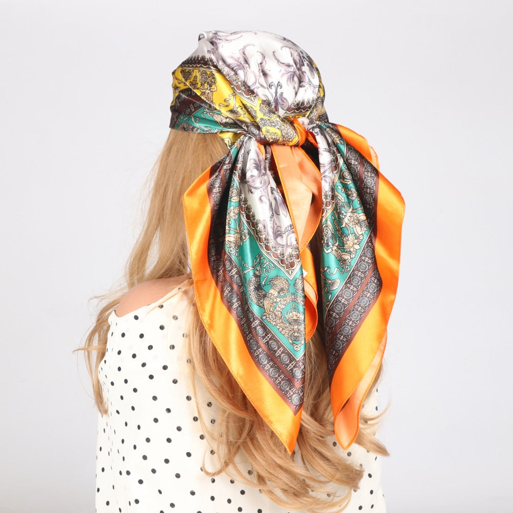 2024 Silk Scarves Luxury Brand Spring Summer Women Head/Hair Scarf 90X90cm Fashion Hijab Bandana Cheveux Foulard Femme BK50-3 90X90CM