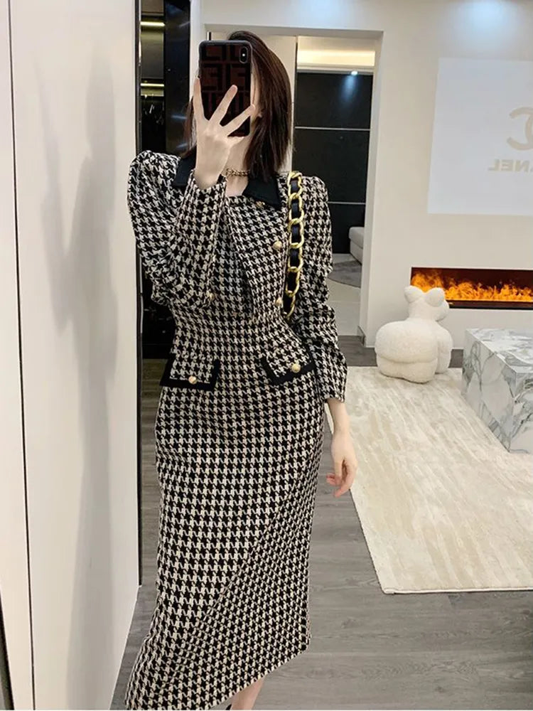 2024 Spring 2 Piece Skirt Set Women Crop Top Jacket Slim Coat+ Plaid Skirt Autumn Women Two Piece Outfits