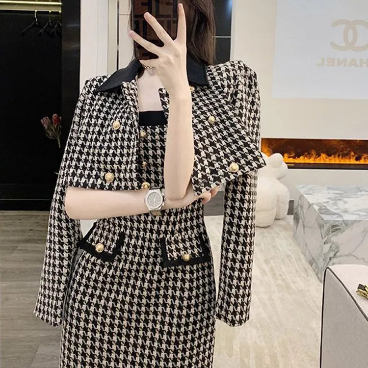 2024 Spring 2 Piece Skirt Set Women Crop Top Jacket Slim Coat+ Plaid Skirt Autumn Women Two Piece Outfits