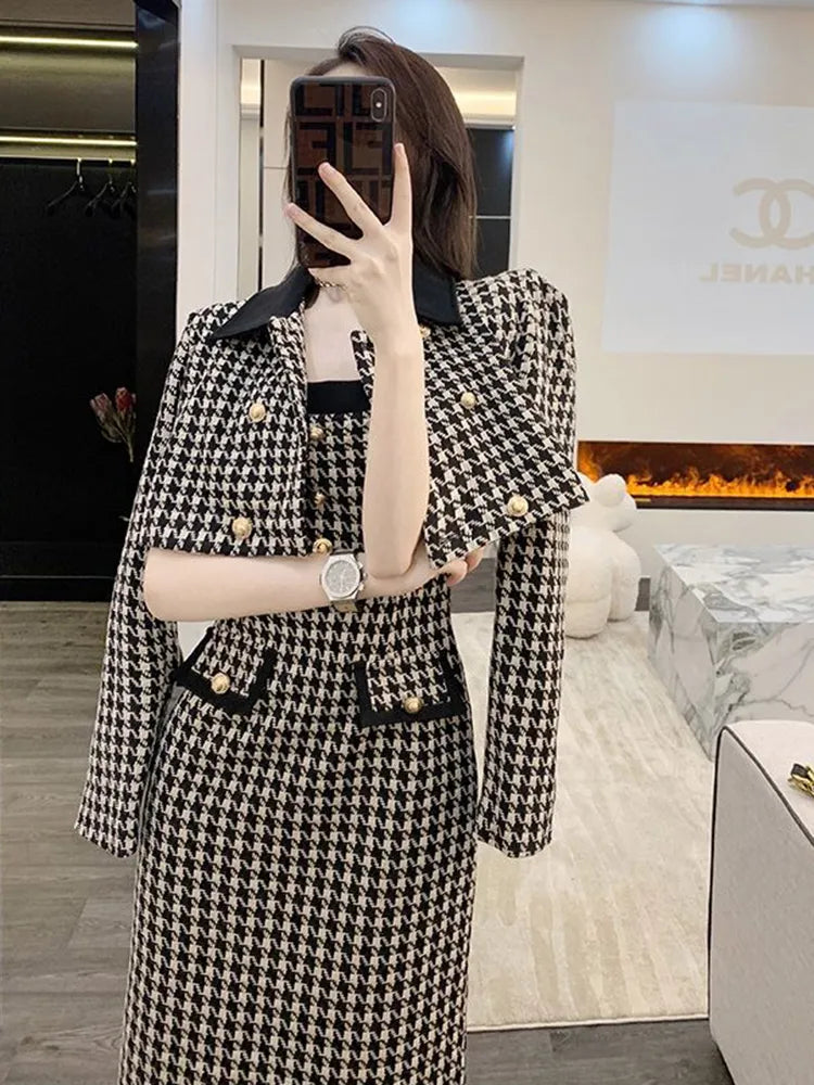 2024 Spring 2 Piece Skirt Set Women Crop Top Jacket Slim Coat+ Plaid Skirt Autumn Women Two Piece Outfits