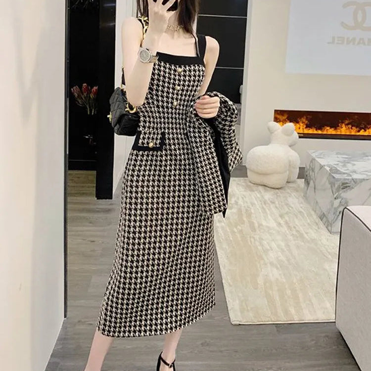 2024 Spring 2 Piece Skirt Set Women Crop Top Jacket Slim Coat+ Plaid Skirt Autumn Women Two Piece Outfits