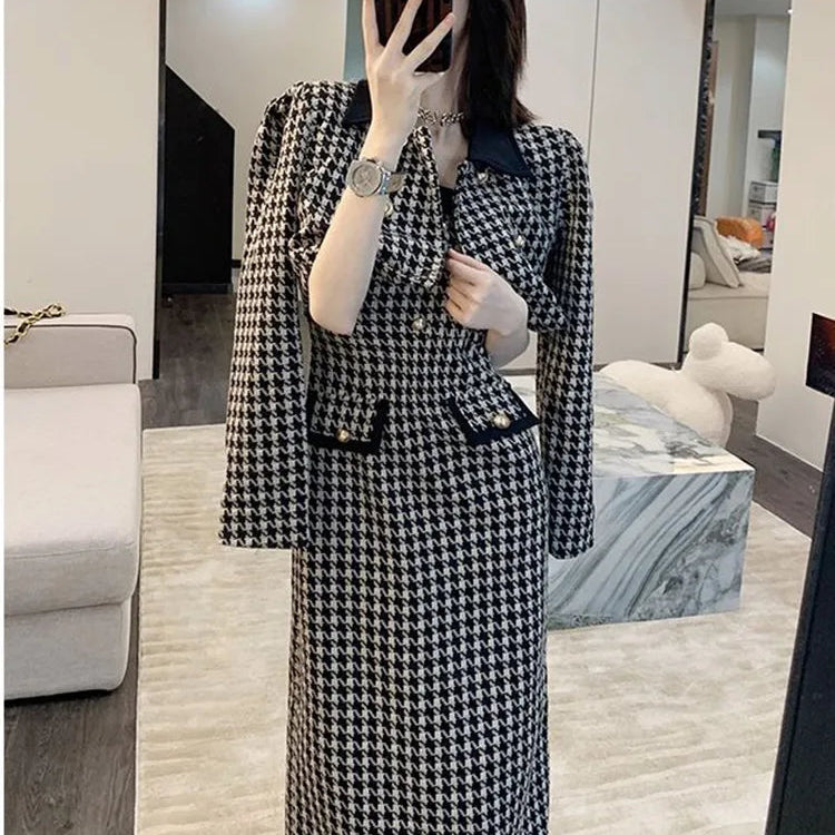 2024 Spring 2 Piece Skirt Set Women Crop Top Jacket Slim Coat+ Plaid Skirt Autumn Women Two Piece Outfits AMAIO