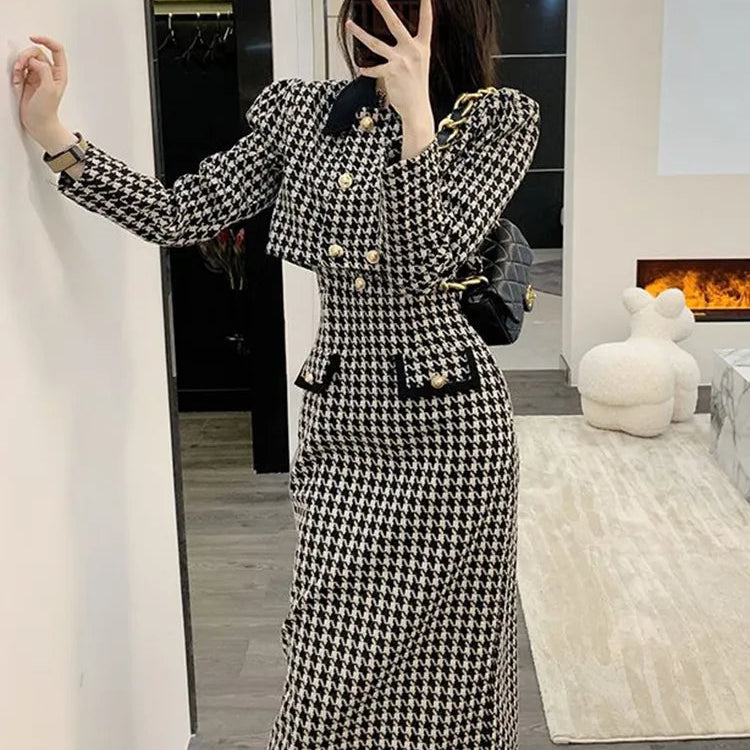 2024 Spring 2 Piece Skirt Set Women Crop Top Jacket Slim Coat+ Plaid Skirt Autumn Women Two Piece Outfits