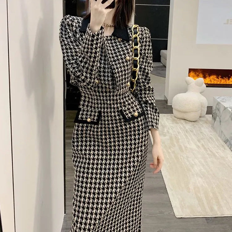 2024 Spring 2 Piece Skirt Set Women Crop Top Jacket Slim Coat+ Plaid Skirt Autumn Women Two Piece Outfits