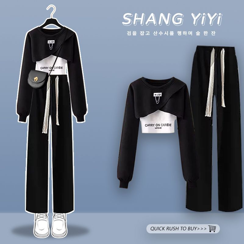 2024 Spring Autumn Fashion Long Sleeve Short Top+Vest+Wide Leg Pants 3-piece Women's Tracksuit Korean Chic New in Matching Sets Set 04