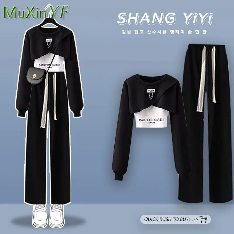 2024 Spring Autumn Fashion Long Sleeve Short Top+Vest+Wide Leg Pants 3-piece Women's Tracksuit Korean Chic New in Matching Sets