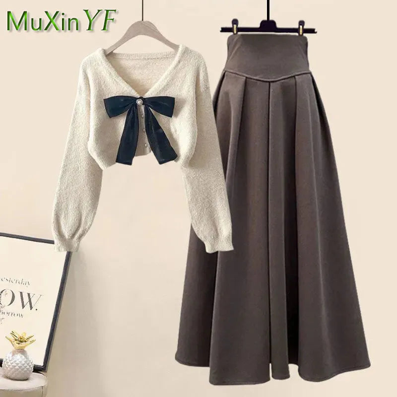 2024 Spring Autumn New in Matching Sets Women's Fashion Slim Bow Sweater+High Waist Skirt Two-piece Set Korean Chic Dress Suit