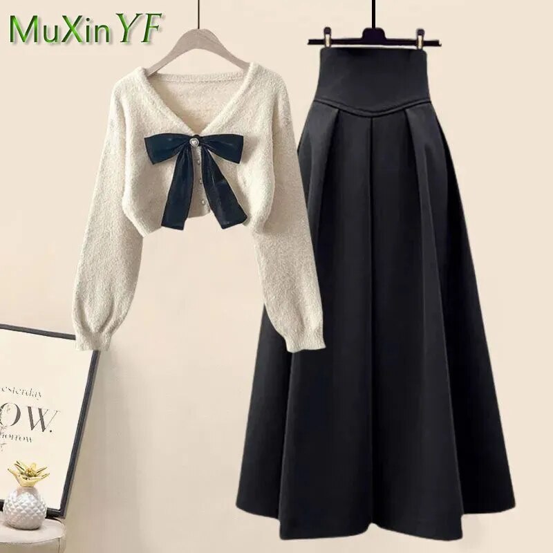 2024 Spring Autumn New in Matching Sets Women's Fashion Slim Bow Sweater+High Waist Skirt Two-piece Set Korean Chic Dress Suit