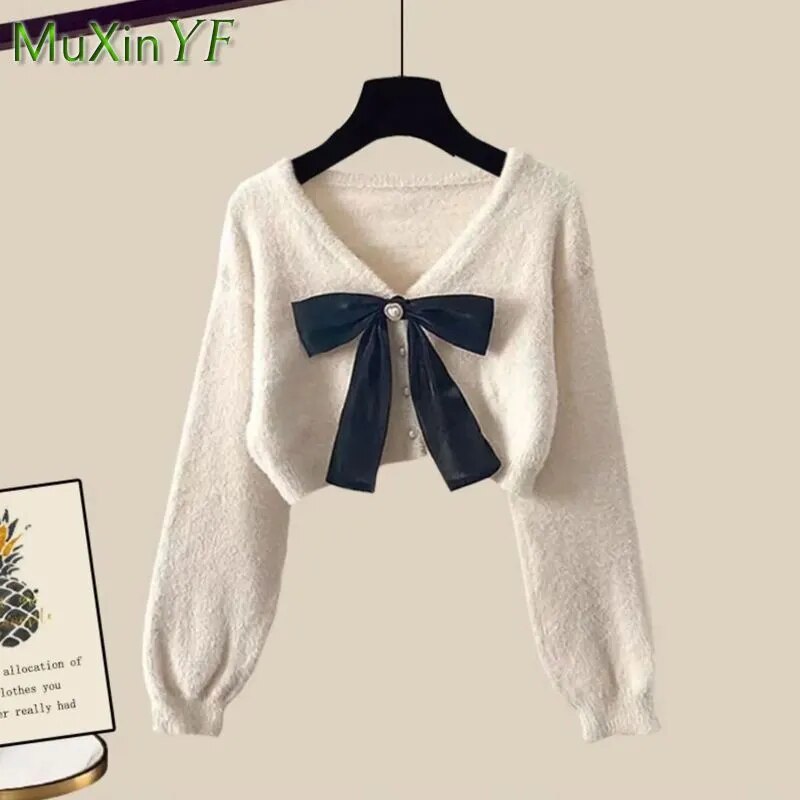 2024 Spring Autumn New in Matching Sets Women's Fashion Slim Bow Sweater+High Waist Skirt Two-piece Set Korean Chic Dress Suit