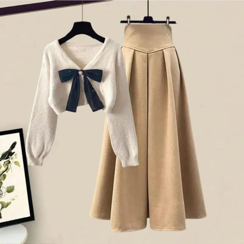 2024 Spring Autumn New in Matching Sets Women's Fashion Slim Bow Sweater+High Waist Skirt Two-piece Set Korean Chic Dress Suit Set 03