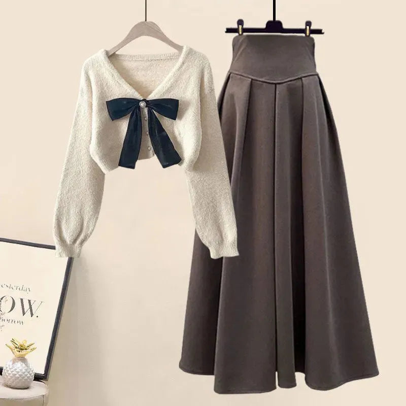 2024 Spring Autumn New in Matching Sets Women's Fashion Slim Bow Sweater+High Waist Skirt Two-piece Set Korean Chic Dress Suit Set 01
