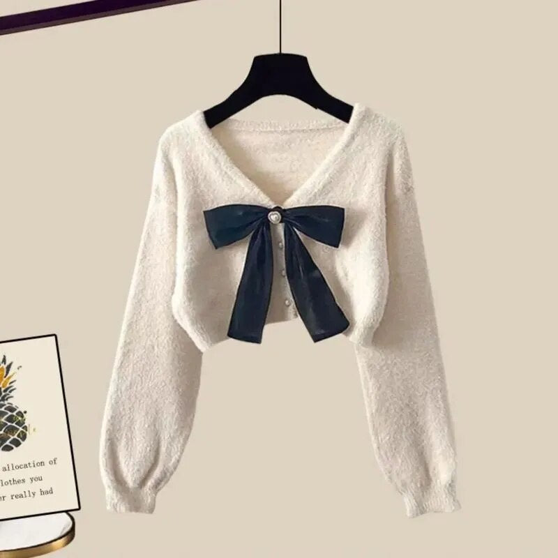2024 Spring Autumn New in Matching Sets Women's Fashion Slim Bow Sweater+High Waist Skirt Two-piece Set Korean Chic Dress Suit Sweater 01