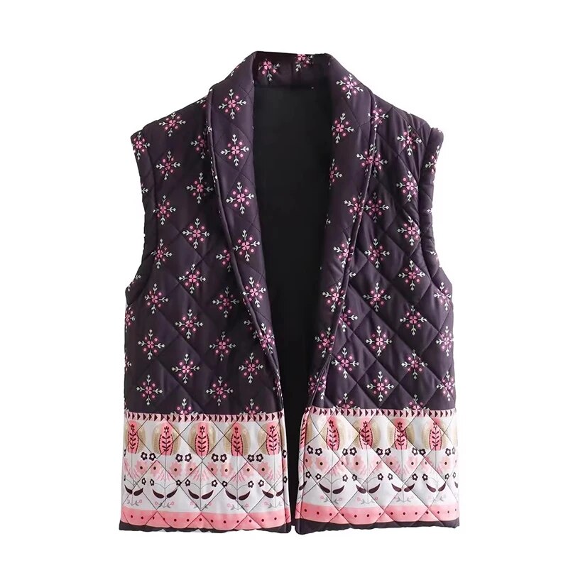 2024 Spring Autumn Print Cotton Vest For Women Elegant Sleeveless Warm Cardigan Waistcoat Lady Vintage High Streetwear