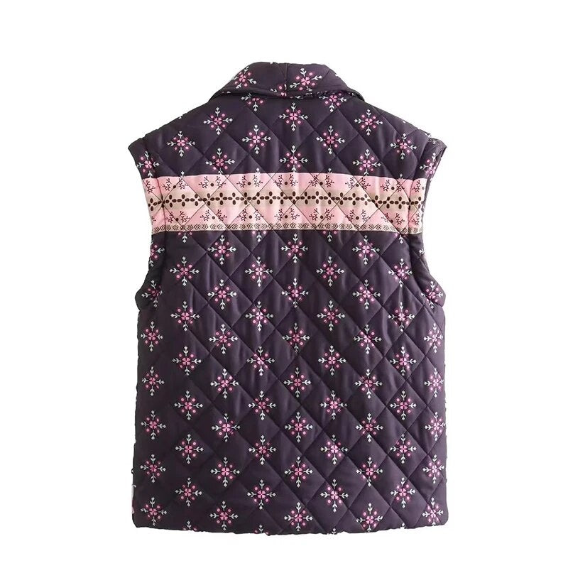 2024 Spring Autumn Print Cotton Vest For Women Elegant Sleeveless Warm Cardigan Waistcoat Lady Vintage High Streetwear