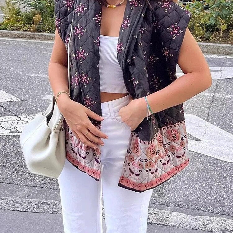 2024 Spring Autumn Print Cotton Vest For Women Elegant Sleeveless Warm Cardigan Waistcoat Lady Vintage High Streetwear Auburn