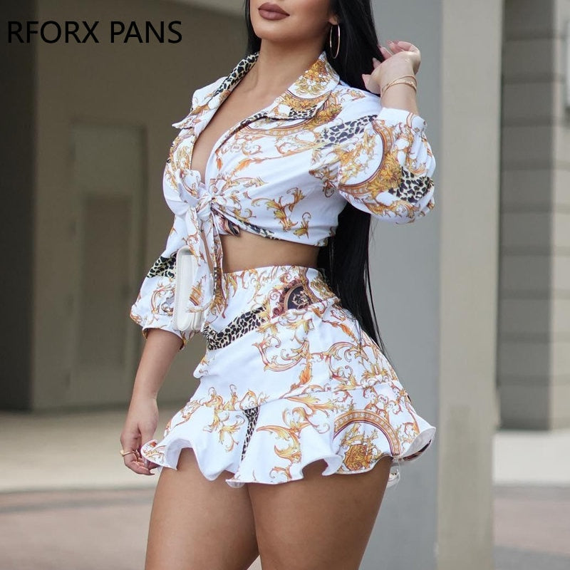 2024 Spring Elegant Allover Print Shirt &amp; Sexy Mini Skirt Sets Women Suits