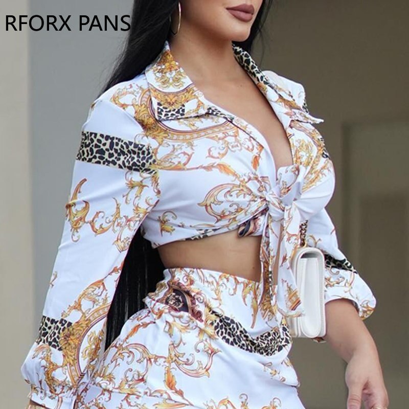 2024 Spring Elegant Allover Print Shirt &amp; Sexy Mini Skirt Sets Women Suits