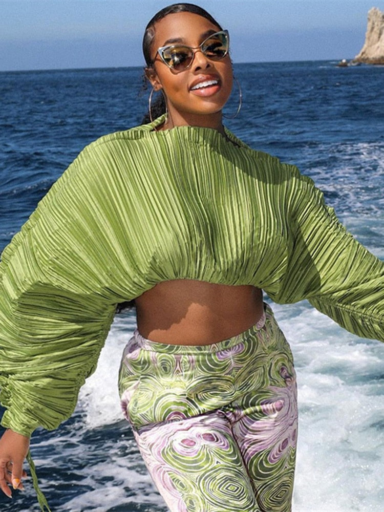 2024 Spring Loose Soild Crop Tops For Women Long Sleeve Fashion Sweatshirts Female Sexy Black Green Casual T Shirts Sweatshirts green SHANGYI 23