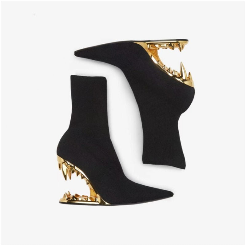 2024 Spring New Women Teeth High Heel Luxury Elastic Ankle Boots Brand Fashion Pointed Toe Elegant Sock Shoes Party Banquet 43 Black