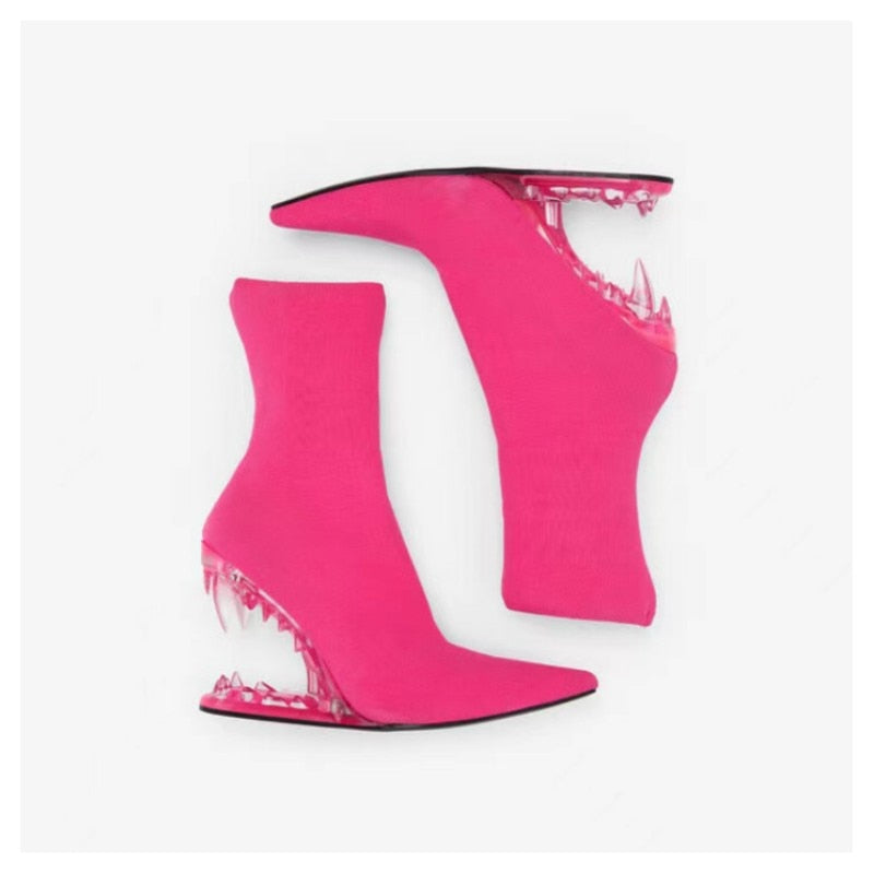 2024 Spring New Women Teeth High Heel Luxury Elastic Ankle Boots Brand Fashion Pointed Toe Elegant Sock Shoes Party Banquet 43 Rose