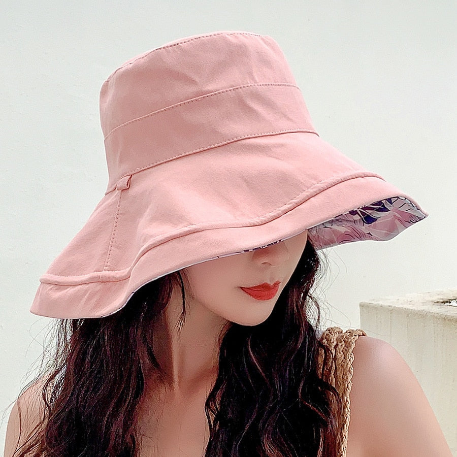 2024 Spring Summer Print Reversible Sun Beach Hat Woman Girl Outdoor Travel Vacation Fisherman Cap Wide Brim 12.5cm Visor Hat C Pink Head Girth 56-58cm