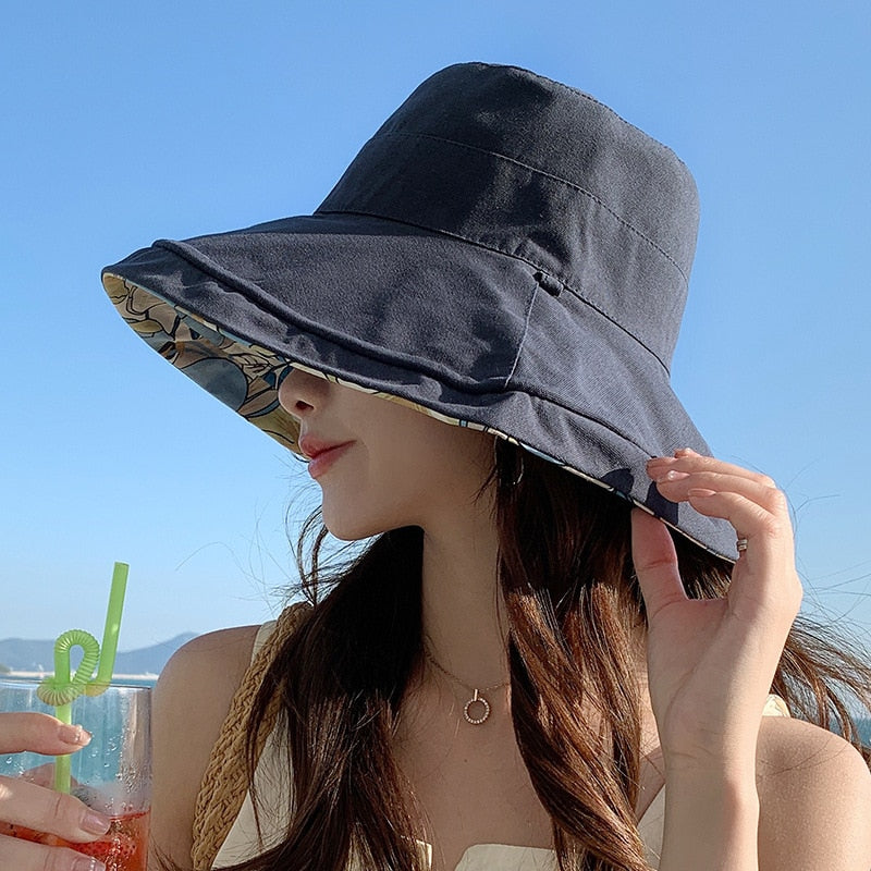 2024 Spring Summer Print Reversible Sun Beach Hat Woman Girl Outdoor Travel Vacation Fisherman Cap Wide Brim 12.5cm Visor Hat A Navy Head Girth 56-58cm