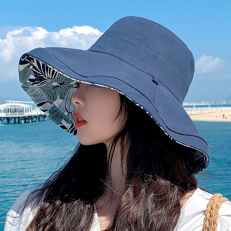 2024 Spring Summer Print Reversible Sun Beach Hat Woman Girl Outdoor Travel Vacation Fisherman Cap Wide Brim 12.5cm Visor Hat C Navy Head Girth 56-58cm