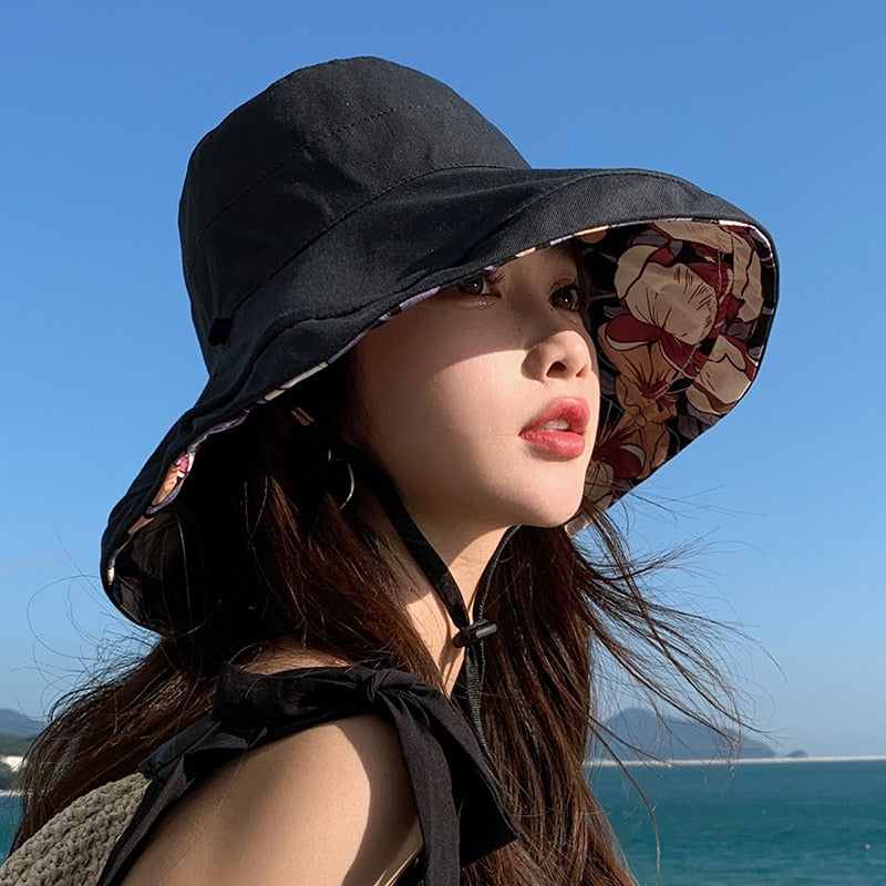 2024 Spring Summer Print Reversible Sun Beach Hat Woman Girl Outdoor Travel Vacation Fisherman Cap Wide Brim 12.5cm Visor Hat A Black Head Girth 56-58cm