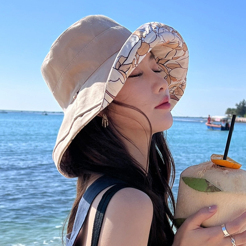 2024 Spring Summer Print Reversible Sun Beach Hat Woman Girl Outdoor Travel Vacation Fisherman Cap Wide Brim 12.5cm Visor Hat A Khaki Head Girth 56-58cm
