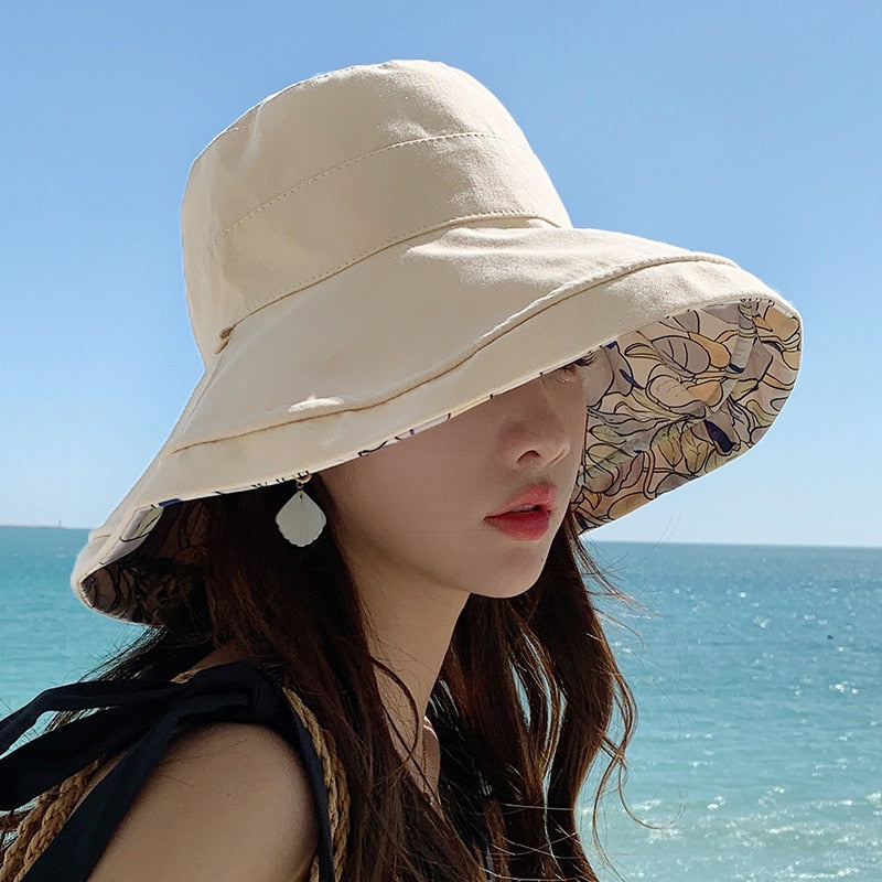2024 Spring Summer Print Reversible Sun Beach Hat Woman Girl Outdoor Travel Vacation Fisherman Cap Wide Brim 12.5cm Visor Hat