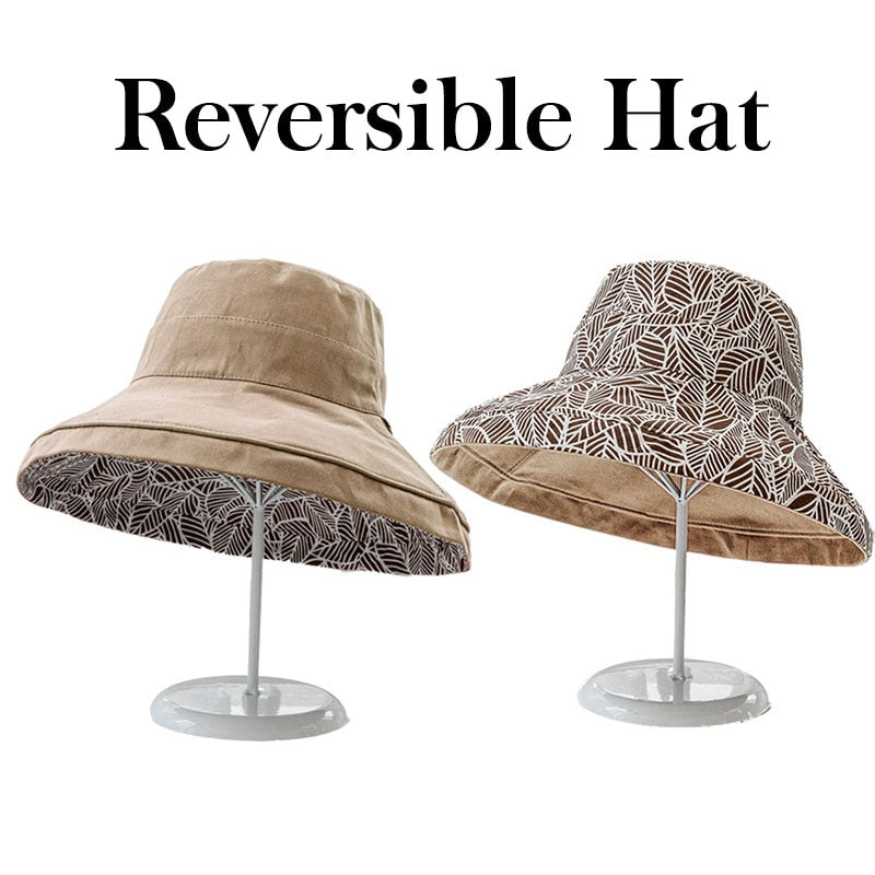 2024 Spring Summer Print Reversible Sun Beach Hat Woman Girl Outdoor Travel Vacation Fisherman Cap Wide Brim 12.5cm Visor Hat B Khaki Head Girth 56-58cm