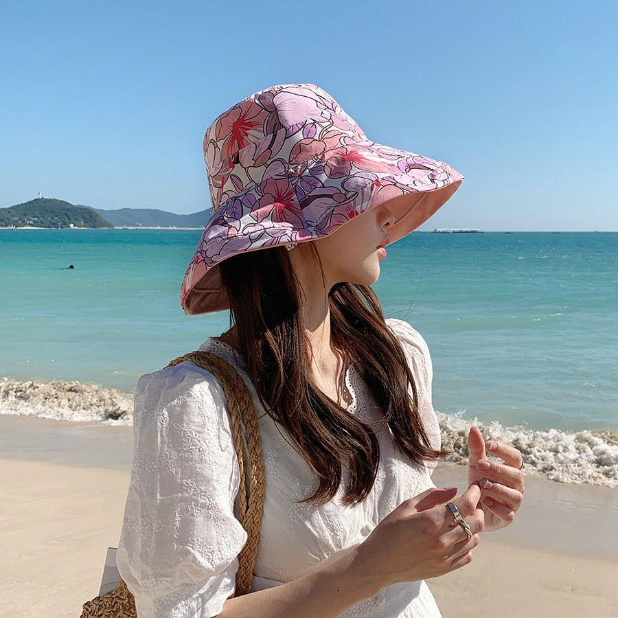 2024 Spring Summer Print Reversible Sun Beach Hat Woman Girl Outdoor Travel Vacation Fisherman Cap Wide Brim 12.5cm Visor Hat