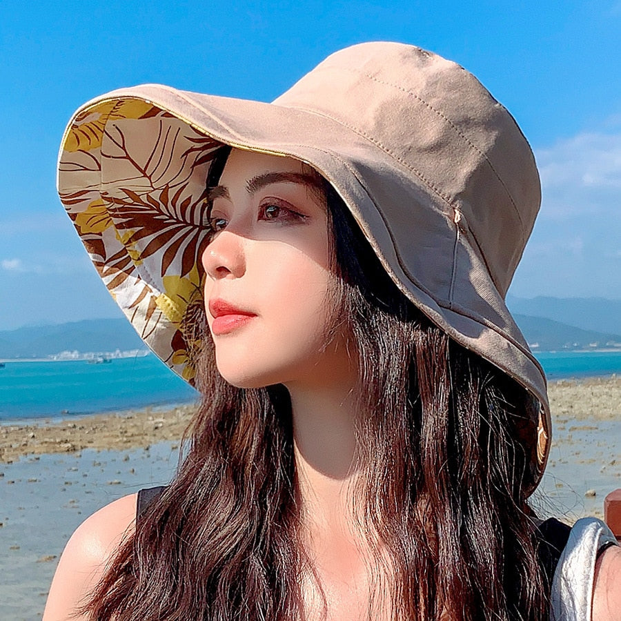 2024 Spring Summer Print Reversible Sun Beach Hat Woman Girl Outdoor Travel Vacation Fisherman Cap Wide Brim 12.5cm Visor Hat C Khaki Head Girth 56-58cm