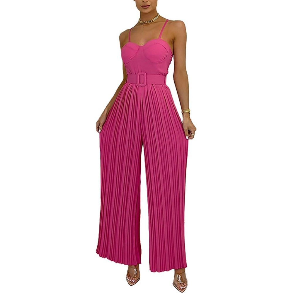 2024 Summer Casual Suspenders Long Jumpsuit Women Sexy Fashion Solid Sleeveless Sashes Pleated Wide Leg Jumpsuit Orange Female Fuchsia