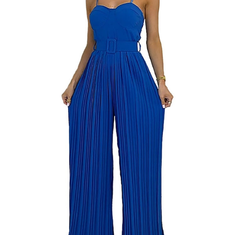 2024 Summer Casual Suspenders Long Jumpsuit Women Sexy Fashion Solid Sleeveless Sashes Pleated Wide Leg Jumpsuit Orange Female Blue