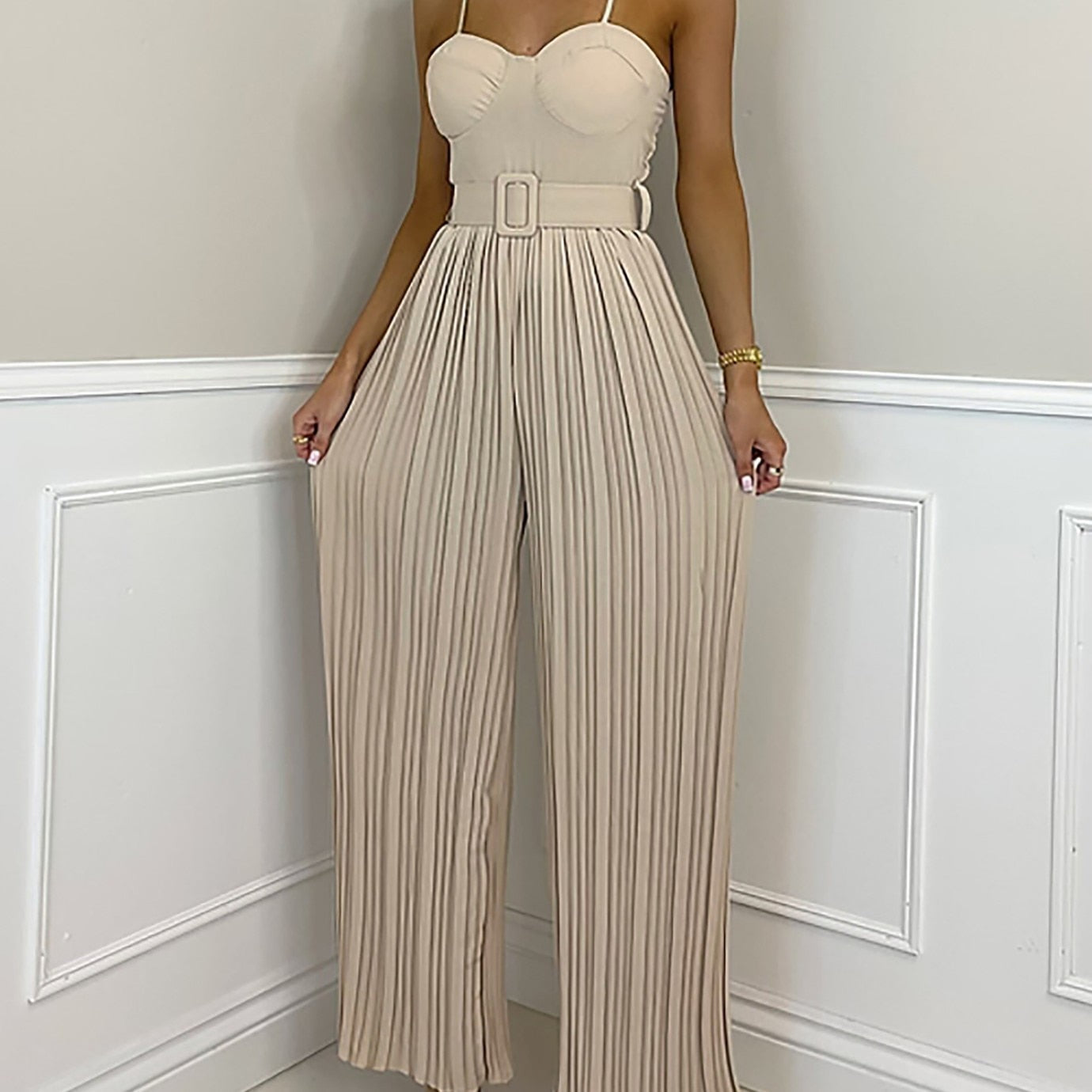2024 Summer Casual Suspenders Long Jumpsuit Women Sexy Fashion Solid Sleeveless Sashes Pleated Wide Leg Jumpsuit Orange Female