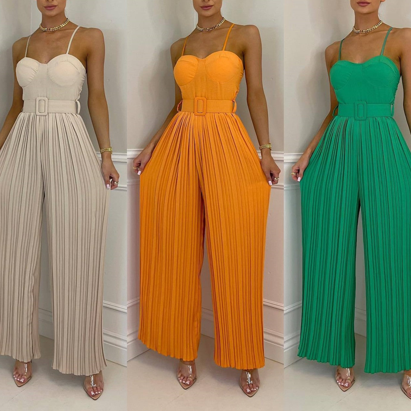 2024 Summer Casual Suspenders Long Jumpsuit Women Sexy Fashion Solid Sleeveless Sashes Pleated Wide Leg Jumpsuit Orange Female
