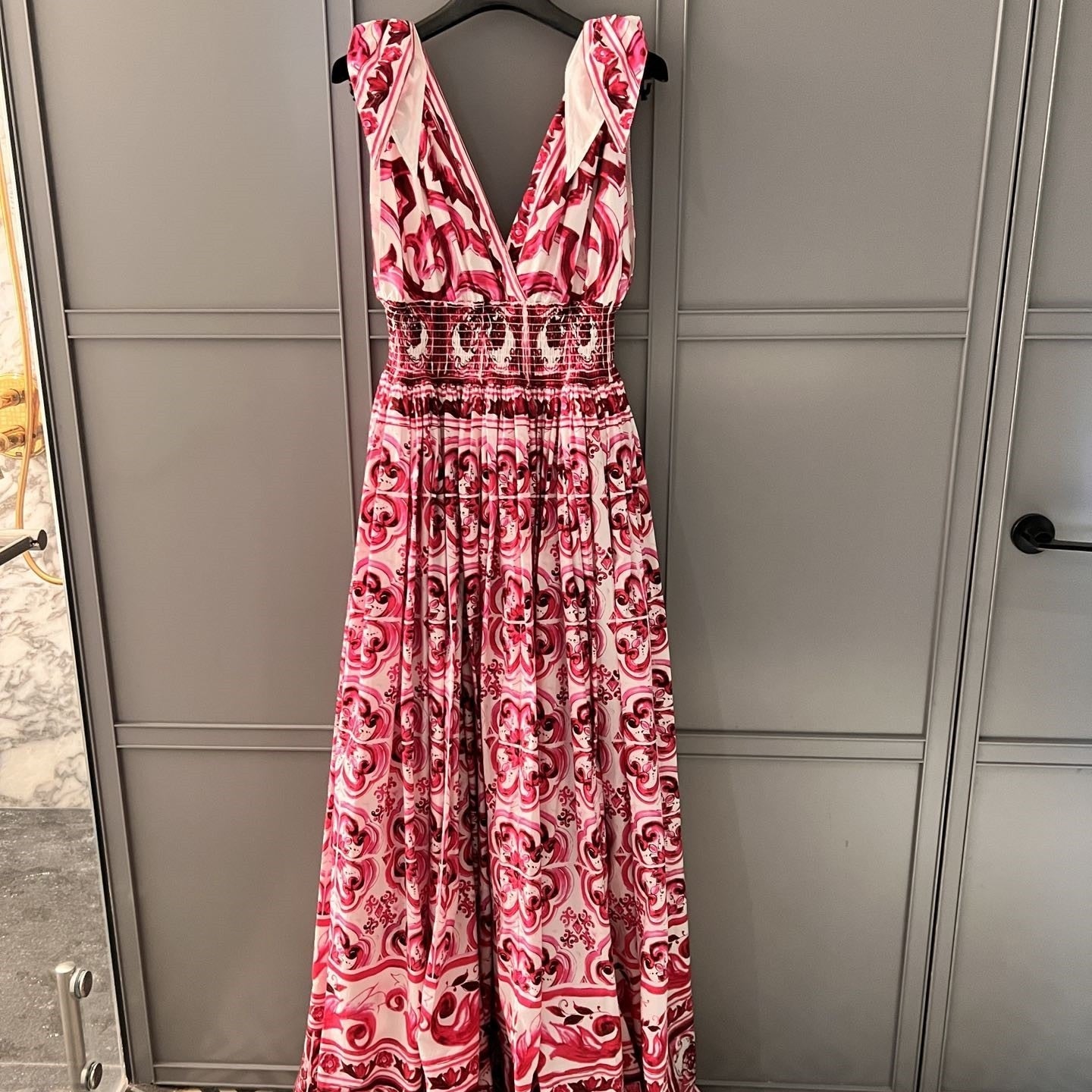 2024 Summer Cotton Print Deep V-Neck Sleeveless Strap A-line Waist Wrap Large Hem Long Dress woman maxi skirt AMAIO