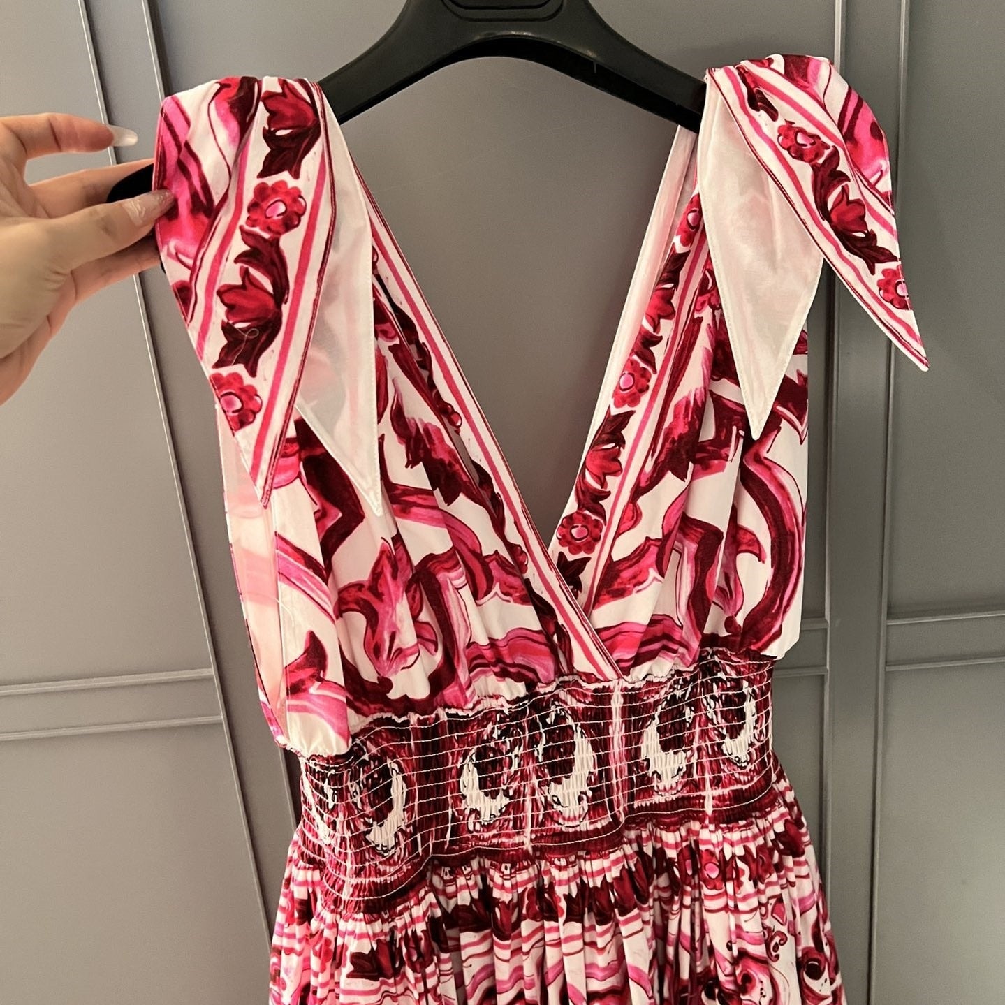 2024 Summer Cotton Print Deep V-Neck Sleeveless Strap A-line Waist Wrap Large Hem Long Dress woman maxi skirt