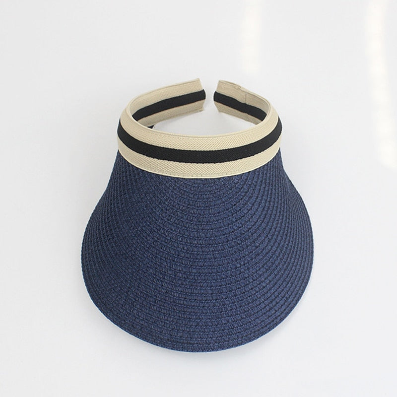 2024 Summer Empty Top Sun Hat - Female Outdoor Visor Cap Casual Shade Hat Straw Wide Large Brim Beach Sunhat Lady 0672-Dark Blue