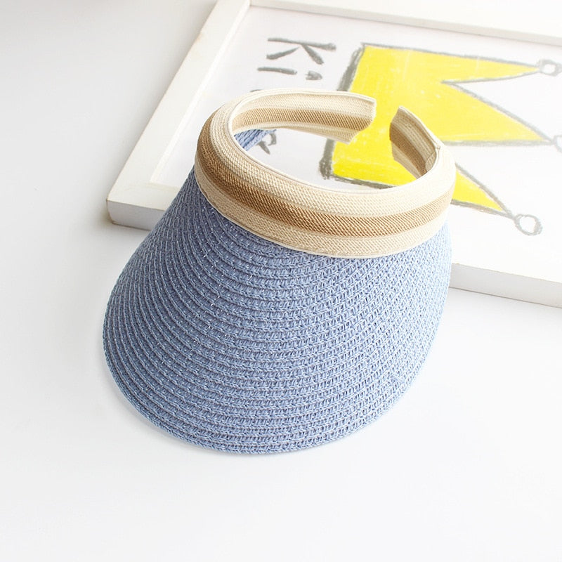 2024 Summer Empty Top Sun Hat - Female Outdoor Visor Cap Casual Shade Hat Straw Wide Large Brim Beach Sunhat Lady 0672-Blue