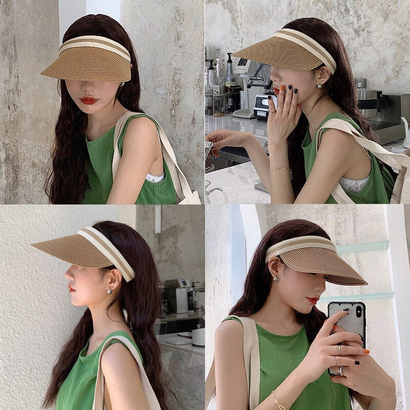 2024 Summer Empty Top Sun Hat - Female Outdoor Visor Cap Casual Shade Hat Straw Wide Large Brim Beach Sunhat Lady