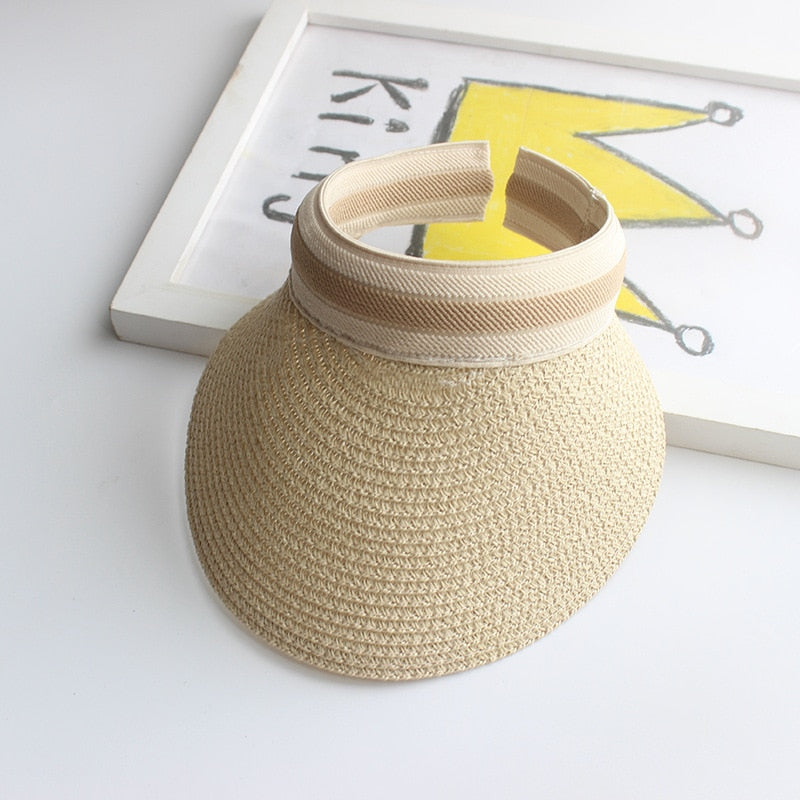 2024 Summer Empty Top Sun Hat - Female Outdoor Visor Cap Casual Shade Hat Straw Wide Large Brim Beach Sunhat Lady 0672-Beige
