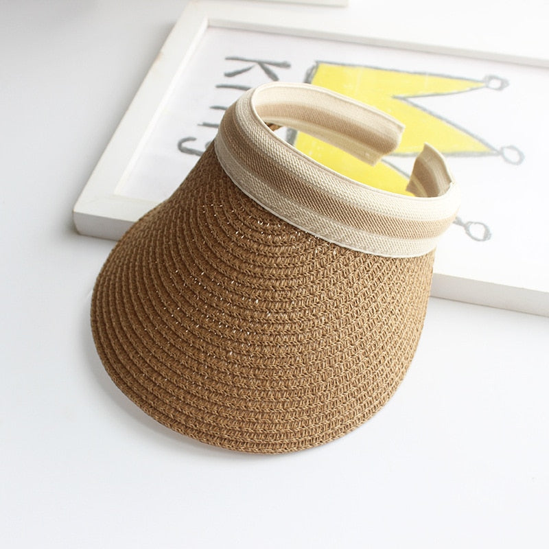 2024 Summer Empty Top Sun Hat - Female Outdoor Visor Cap Casual Shade Hat Straw Wide Large Brim Beach Sunhat Lady 0672-Khaki