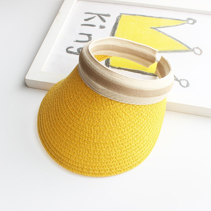 2024 Summer Empty Top Sun Hat - Female Outdoor Visor Cap Casual Shade Hat Straw Wide Large Brim Beach Sunhat Lady 0672-Yellow